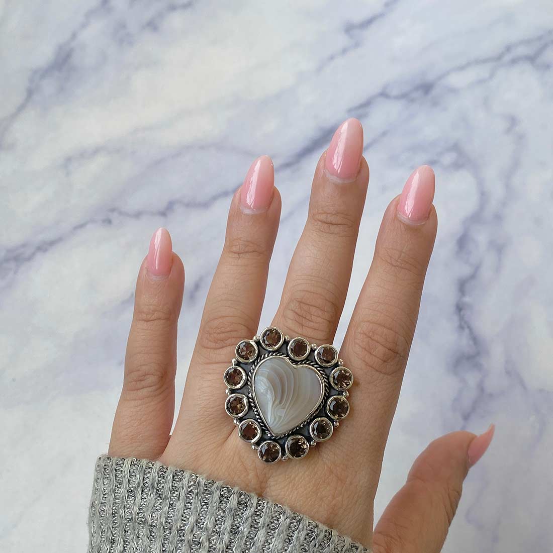 Botswana Agate And Smoky Flower Adjustable Ring-(BWA-FLR-5.)